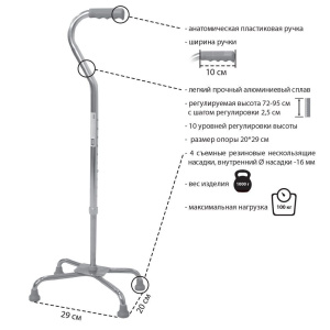 Трость 4-опорная KJT912C регул высота 72-95см_