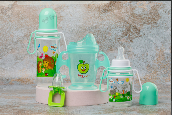 Набор детской посуды ( поильник250 мл, бутылочка 250 мл, бутылочка 150 мл, пустышка) арт.123 Бусинка купить в Саратове